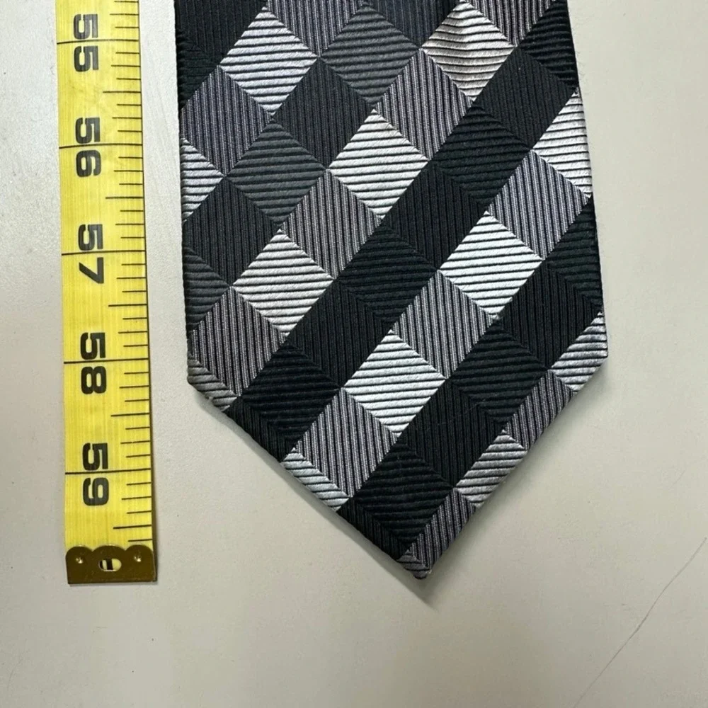 Valerio Garati Mens Silk Tie Black Grey Silver Geometric Diamond Hand Made